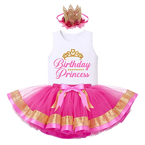 FYMNSI Baby Kinder Mädchen Geburtstag Outfit Baumwolle Weste T-Shirt Tops Prinzessin Tutu Tüll Rock Stirnband 3tlg Partykleid Fotoshooting Bekleidungsset Rose 3-4 Jahre von FYMNSI