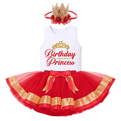 FYMNSI Baby Kinder Mädchen Geburtstag Outfit Baumwolle Weste T-Shirt Tops Prinzessin Tutu Tüll Rock Stirnband 3tlg Partykleid Fotoshooting Bekleidungsset Rot 2-3 Jahre von FYMNSI