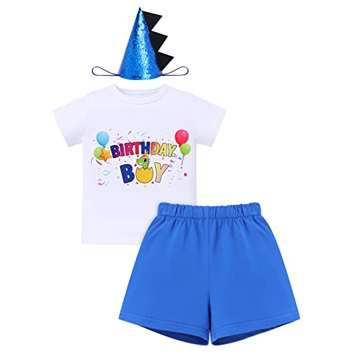 FYMNSI Baby Kleinkinder Jungen 1 2 3 Geburtstag Outfit Dinosaurier Thema Party Cake Smash Baumwolle Kurzarm T-shirt Top Shorts Stirnband Bekleidungsset Wild One Fotoshooting Sommer Königsblau 1 Jahr von FYMNSI