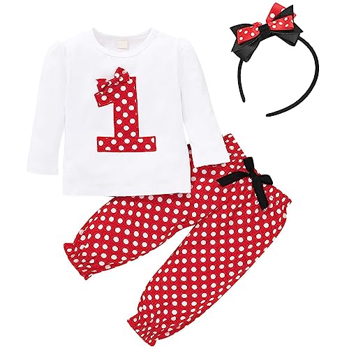 FYMNSI Baby Kleinkinder Mädchen 1. Erster Geburtstag Minnie Kostüm Outfit Retro Gepunktet Baumwolle Langarm Top T Shirt + Lange Hosen + Stirnband 3tlg Bekleidungsset Rot 12-18 Monate von FYMNSI