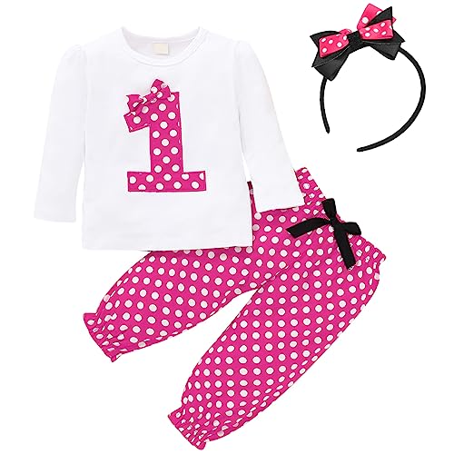FYMNSI Baby Kleinkinder Mädchen 1. Erster Geburtstag Outfit Retro Gepunktet Baumwolle Langarm Top T Shirt Lange Hosen Stirnband 3tlg Ein Jahr Alt Fotoshooting Bekleidungsset Herbst Rose 12-18M von FYMNSI