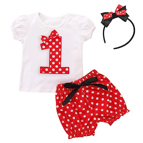 FYMNSI Baby Kleinkinder Mädchen 1. Erster Geburtstag Party Outfit Retro Gepunktet Sommer Kurarm Top T Shirt + Shorts Kurze Hosen + Ohr Stirnband 3tlg Bekleidungsset für 12-18 Monate von FYMNSI