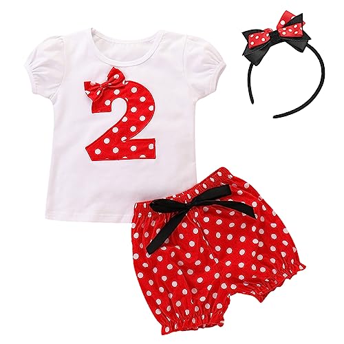 FYMNSI Baby Kleinkinder Mädchen 2 Jahre Zweiter Geburtstag Party Outfit Retro Gepunktet Sommer Kurarm Top T Shirt + Shorts Kurze Hosen + Ohr Stirnband 3tlg Bekleidungsset 18-24 Monate von FYMNSI