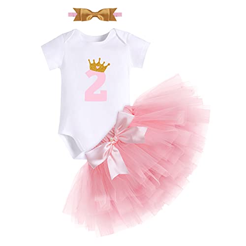 FYMNSI Baby Kleinkinder Mädchen 2. Geburtstag Outfit 2 Jahre Alte Party Kleidung Baumwolle Kurzarm Strampler Bodysuit Prinzessin Tütü Tüll Rock Stirnband 3tlg Bekleidungsset Fotoshooting Rosa 2 Jahre von FYMNSI