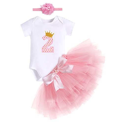 FYMNSI Baby Kleinkinder Mädchen 2. Geburtstag Outfit 2 Jahre Alte Party Kleidung Baumwolle Kurzarm Strampler Bodysuit Prinzessin Tütü Tüll Rock Stirnband 3tlg Bekleidungsset Fotoshooting Rosa 2 Jahre von FYMNSI
