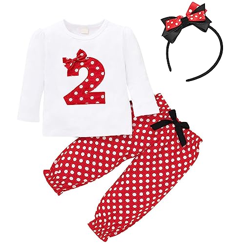 FYMNSI Baby Kleinkinder Mädchen 2. Zweiter Geburtstag Minnie Kostüm Outfit Retro Gepunktet Baumwolle Langarm Top T Shirt + Lange Hosen + Stirnband 3tlg Bekleidungsset Rot 18-24 Monate von FYMNSI