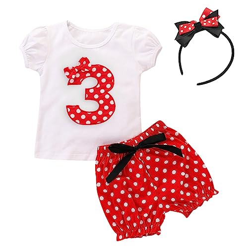 FYMNSI Baby Kleinkinder Mädchen 3 Jahre Dritter Geburtstag Party Outfit Retro Gepunktet Sommer Kurarm Top T Shirt + Shorts Kurze Hosen + Ohr Stirnband 3tlg Bekleidungsset für 2-3 Jahre von FYMNSI