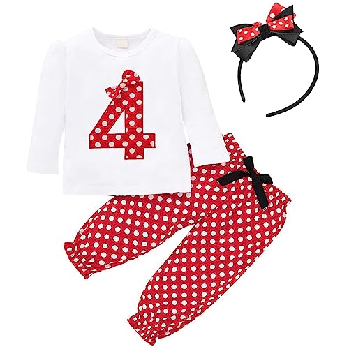 FYMNSI Baby Kleinkinder Mädchen 4. Vierter Geburtstag Minnie Kostüm Outfit Retro Gepunktet Baumwolle Langarm Top T Shirt + Lange Hosen + Stirnband 3tlg Bekleidungsset Rot 3-4 Jahre von FYMNSI