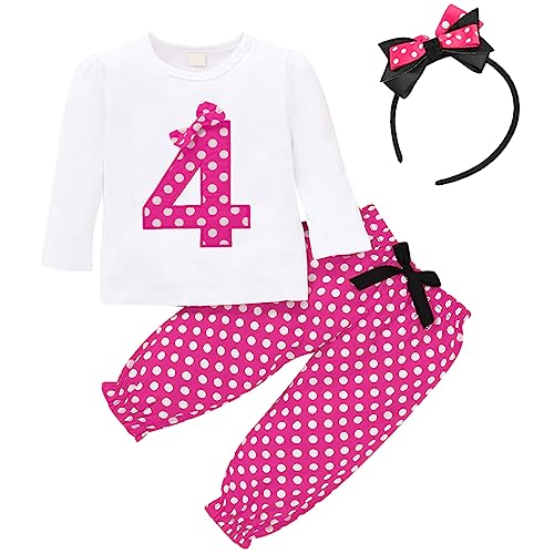 FYMNSI Baby Kleinkinder Mädchen 4. Vierter Geburtstag Outfit Retro Gepunktet Baumwolle Langarm Top T Shirt Lange Hosen Stirnband 3tlg Fotoshooting Casual Herbst Bekleidungsset Rose 3-4 Jahre von FYMNSI