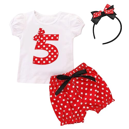 FYMNSI Baby Kleinkinder Mädchen 5 Jahre Fünfter Geburtstag Party Outfit Retro Gepunktet Sommer Kurarm Top T Shirt + Shorts Kurze Hosen + Ohr Stirnband 3tlg Bekleidungsset für 5-6 Jahre von FYMNSI