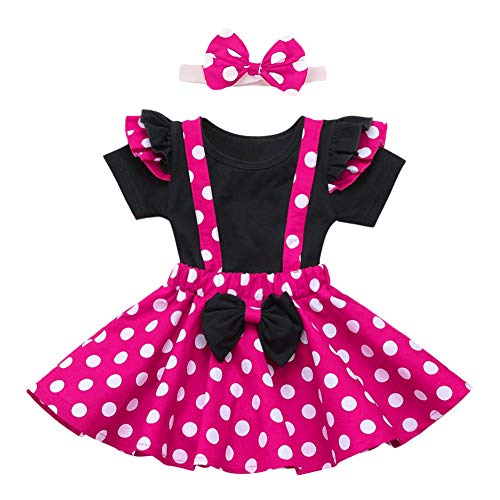 FYMNSI Baby Kleinkinder Mädchen Erster 1. Geburtstag Outfit Baumwolle Kurzarm Tops T-shirt Gepunktet Riemenkleid Hosenträger Kleid Schleife Stirnband 3tlg Party Sommer Bekleidungsset Rose 12-18 Monate von FYMNSI