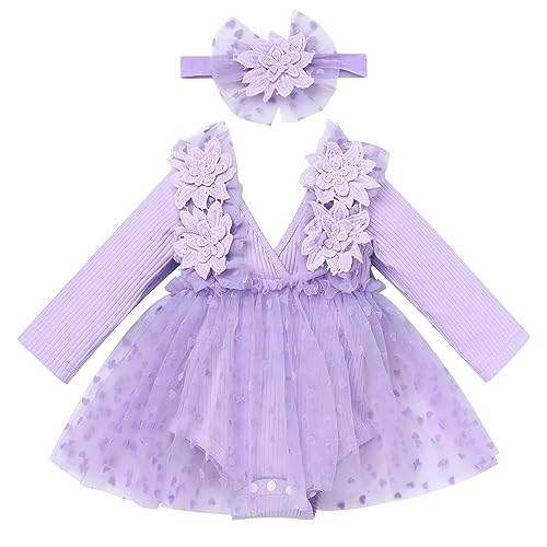 FYMNSI Baby M?dchen 1 Geburtstag Outfit Taufkleid Prinzessin T?llrock Langarm Bodykleid Kleinkinder Partykleid V-Ausschnitt Festkleid Herbstkleid Neugeborene Fotoshooting Violett Herz 0-6 Monate von FYMNSI