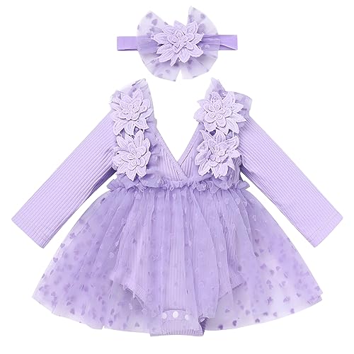 FYMNSI Baby M?dchen 1 Geburtstag Outfit Taufkleid Prinzessin T?llrock Langarm Bodykleid Kleinkinder Partykleid V-Ausschnitt Festkleid Herbstkleid Neugeborene Fotoshooting Violett Herz 6-12 Monate von FYMNSI