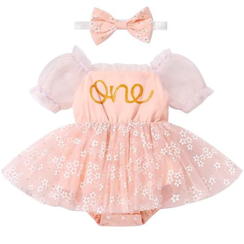 FYMNSI Baby M�dchen 1. Erster Geburtstag Outfit, Blumen Kurzarm Bodykleid Prinzessin T�t� T�ll Kleid EIN Jahr Alt Partykleid Strampler mit Stirnband Sommer Kleidung Fotoshooting Pfirsich 6-12 Monate von FYMNSI