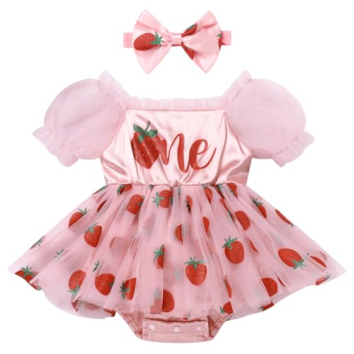 FYMNSI Baby M�dchen 1. Erster Geburtstag Outfit, Erdbeere Kurzarm Bodykleid Prinzessin T�t� T�ll Kleid Partykleid Strampler mit Stirnband Sommer Kleidung Fotoshooting Bekleidungsset Rot 6-12 Monate von FYMNSI
