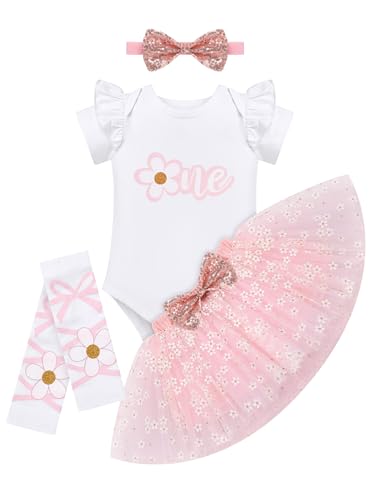 FYMNSI Baby M�dchen 1. Erster Geburtstag Outfit 1 Jahr Alt Party Fotoshooting Baumwolle Kurzarm Strampler Prinzessin Blumen T�t� Rock Pailletten Stirnband Beinw�rmer Set Bekleidung Rosa 12-18 Monate von FYMNSI