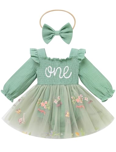 FYMNSI Baby M�dchen 1. Erster Geburtstag Outfit Blumen Langarm Weihnachten Partykleid Hochzeit Bodykleid Prinzessin T�ll Kleid Strampler mit Stirnband Herbst Winter Kleidung Fotoshooting Gr�n 12-18M von FYMNSI