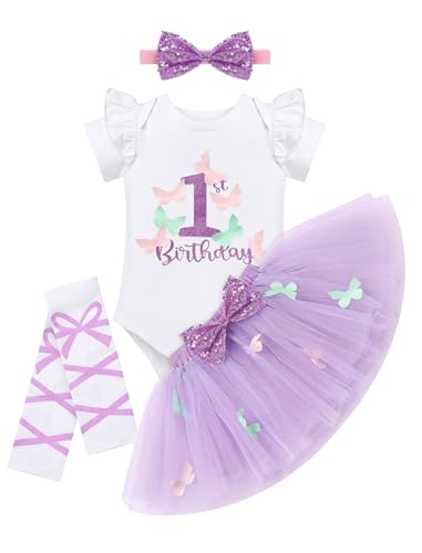 FYMNSI Baby M�dchen 1. Erster Geburtstag Outfit Schmetterling 1 Jahr Alt Party Fotoshooting Baumwolle Kurzarm Strampler Body Prinzessin T�t� Rock Pailletten Stirnband Beinw�rmer Set Lila 9-12 Monate von FYMNSI