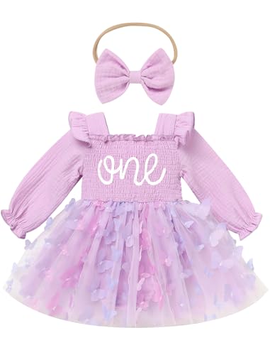 FYMNSI Baby M�dchen 1. Erster Geburtstag Outfit Schmetterling Langarm Weihnachten Partykleid Bodykleid Prinzessin T�ll Kleid Strampler mit Stirnband Herbst Winter Kleidung Fotoshooting Lila 12-18M von FYMNSI