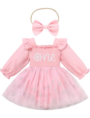 FYMNSI Baby M�dchen 1. Erster Geburtstag Outfit Schneeflocke Langarm Weihnachten Partykleid Bodykleid Prinzessin Kleid Strampler mit Stirnband Herbst Winter Kleidung Fotoshooting Rosa 12-18 Monate von FYMNSI