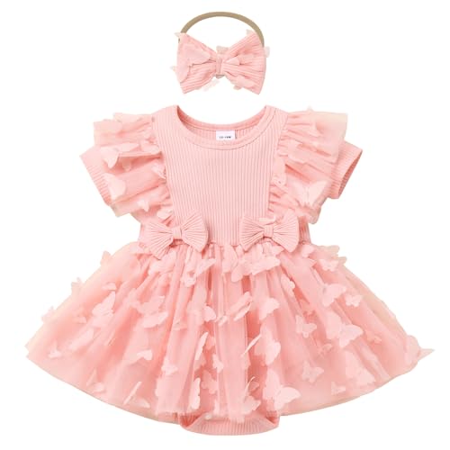 FYMNSI Baby M?dchen 1. Erster Geburtstag Partykleid Sommer Kurzarm Schmetterling Bowknot Prinzessin T?t? T?ll Kleider S?ugling Taufkleid Kleinkinder Festkleid Sommerkleid Mit Stirnband Rosa 12-18M von FYMNSI