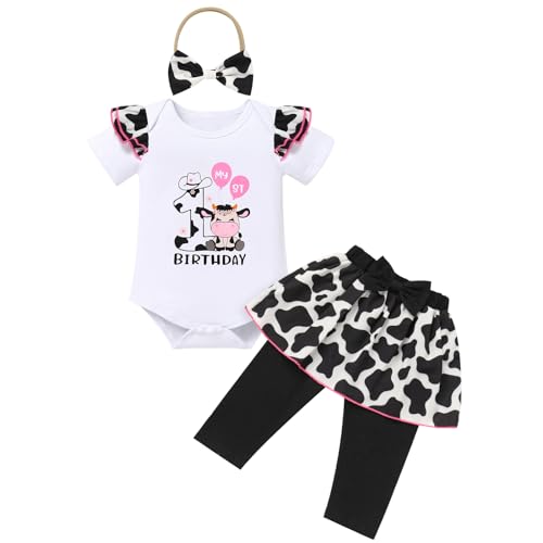 FYMNSI Baby M?dchen 1. Geburtsatg Outfit Baumwolle Kurzarm Strampler Body Langes Hosen Rock Schleife Stirnband 3tlg 1 Jahr Alt Party Casual Fr?hling Sommer Herbst Bekleidungsset Schwarz Kuh 1 Jahr von FYMNSI