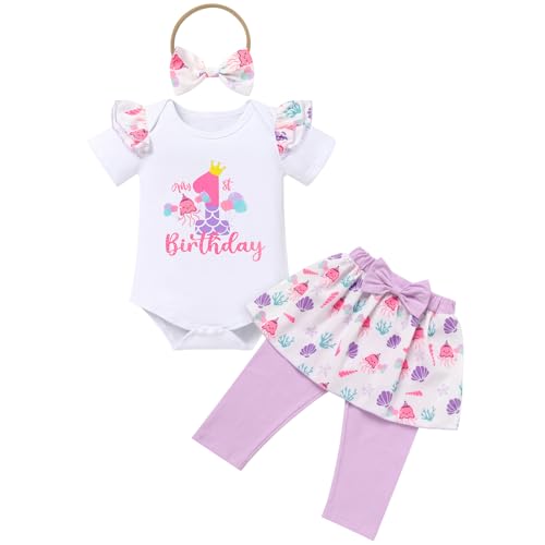 FYMNSI Baby M?dchen 1. Geburtsatg Outfit Baumwolle Kurzarm Strampler Body Langes Hosen Rock Schleife Stirnband 3tlg 1 Jahr Alt Party Casual Fr?hling Sommer Herbst Bekleidungsset Violett 1 Jahr von FYMNSI
