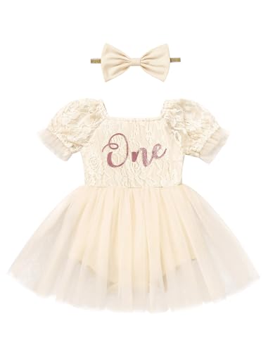 FYMNSI Baby M�dchen 1. Geburtstag Outfit Blumen Spitze Kurzarm Bodykleid mit Stirnband Kleinkinder Prinzessin T�ll Partykleid Taufkleid Festkleid Fotoshooting Bekleidungsset Aprikose 9-12 Monate von FYMNSI
