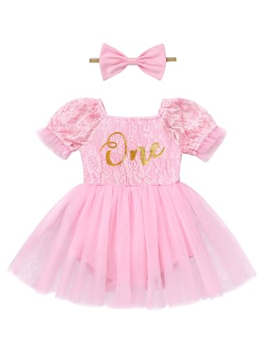 FYMNSI Baby M�dchen 1. Geburtstag Outfit Blumen Spitze Kurzarm Bodykleid mit Stirnband Kleinkinder Prinzessin T�ll Partykleid Taufkleid Festkleid Fotoshooting Bekleidungsset Rosa 9-12 Monate von FYMNSI
