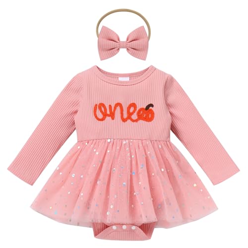 FYMNSI Baby M�dchen 1. Geburtstag Outfit K�rbis Taufkleid Weihnachten Partykleid Strampler Langarm Bodykleid Prinzessin Kleid mit Stirnband Herbst Winter Kleidung Fotoshooting Rosa K�rbis 12-18M von FYMNSI