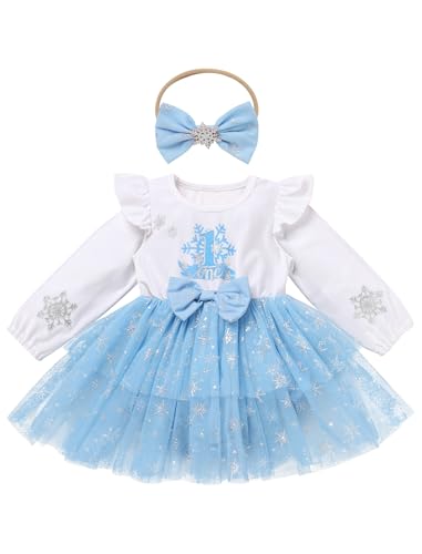 FYMNSI Baby M�dchen 1. Geburtstag Outfit Kleinkinder Winter Samtkleid Weihnachtskleid Schneeflocke Weihnachten Partykleider Festliches Festkleid Mit Stirnband Fotoshooting Kleidung Blau 9-12 Monate von FYMNSI