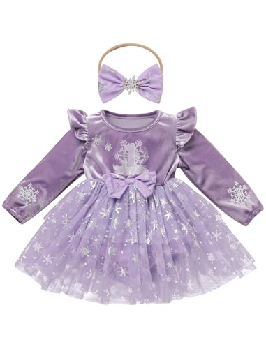 FYMNSI Baby M�dchen 1. Geburtstag Outfit Kleinkinder Winter Samtkleid Weihnachtskleid Schneeflocke Weihnachten Partykleider Festliches Festkleid Mit Stirnband Fotoshooting Kleidung Lila 6-9 Monate von FYMNSI