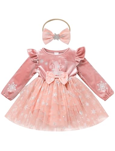 FYMNSI Baby M�dchen 1. Geburtstag Outfit Kleinkinder Winter Samtkleid Weihnachtskleid Schneeflocke Weihnachten Partykleider Festliches Festkleid Mit Stirnband Fotoshooting Kleidung Rosa 6-9 Monate von FYMNSI