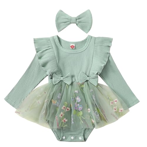 FYMNSI Baby M�dchen 1. Geburtstag Outfit Neugeborenes Blumen Stickerei Lanagrm T�ll T�t� Prinzessin Bodykleid Partykleid Festliches Festkleid Kleinkinder Herbst Winter Fotoshooting Gr�n 9-12 Monate von FYMNSI
