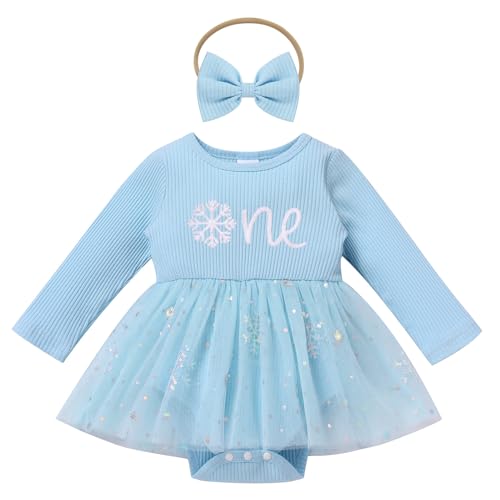 FYMNSI Baby M�dchen 1. Geburtstag Outfit Schneeflocke Taufkleid Weihnachten Partykleid Strampler Langarm Bodykleid Prinzessin Kleid mit Stirnband Herbst Winter Kleidung Fotoshooting Blau 9-12M von FYMNSI
