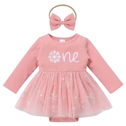 FYMNSI Baby M�dchen 1. Geburtstag Outfit Schneeflocke Taufkleid Weihnachten Partykleid Strampler Langarm Bodykleid Prinzessin Kleid mit Stirnband Herbst Winter Kleidung Fotoshooting Rosa 9-12M von FYMNSI