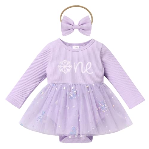 FYMNSI Baby M�dchen 1. Geburtstag Outfit Schneeflocke Taufkleid Weihnachten Partykleid Strampler Langarm Bodykleid Prinzessin Kleid mit Stirnband Herbst Winter Kleidung Fotoshooting Violett 9-12M von FYMNSI