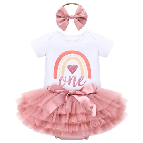 FYMNSI Baby M?dchen Boho Regenbogen 1. Geburtstag Outfit Baumwolle Kurzarm Strampler Body T?t? T?ll Rock Stirnband Erster Geburtstag 1 Jahr Alt Party Fotoshooting Sommer Bekleidung Dunkelrosa 1 Jahr von FYMNSI