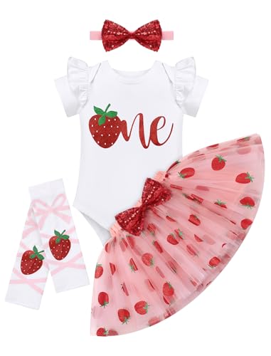 FYMNSI Baby M�dchen Erdbeere 1. Erster Geburtstag Outfit 1 Jahr Alt Party Fotoshooting Baumwolle Kurzarm Strampler Prinzessin T�t� Rock Pailletten Stirnband Beinw�rmer Set Bekleidung Rot 12-18 Monate von FYMNSI