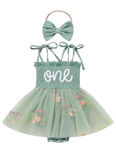 FYMNSI Baby M�dchen Erster 1. Geburtstag Outfit, 1 Jahr Kleinkind Blumen Stickerei T�t� T�ll Bodykleid Prinzessin Partykleid mit Stirnband Fotoshooting Festkleid Sommer Bekleidungsset Gr�n 6-12M von FYMNSI