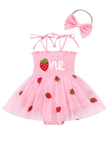 FYMNSI Baby M�dchen Erster 1. Geburtstag Outfit, Kleinkind Erdbeere T�t� T�llkleid Prinzessin Bodykleid Strampler mit Stirnband Festliches Festkleid Sommer Partykleid Fotoshooting Rosa 12-18 Monate von FYMNSI