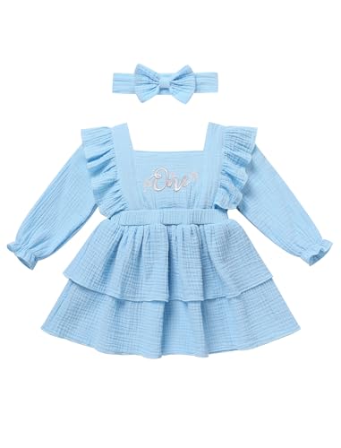 FYMNSI Baby M�dchen Erster 1. Geburtstag Outfit Baumwolle Langarm Tutu Kleid mit Schleife Stirnband Kleinkinder A-Linie Prinzessin Partykleid EIN Jahr Alt Fotoshooting Herbst Winter Blau 12-18 Monate von FYMNSI