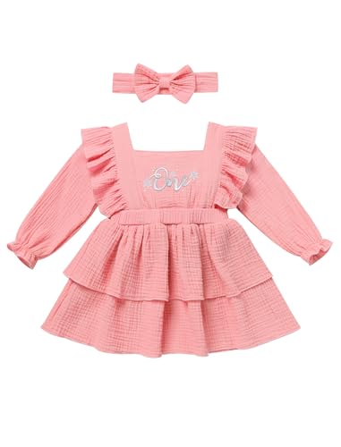 FYMNSI Baby M�dchen Erster 1. Geburtstag Outfit Baumwolle Langarm Tutu Kleid mit Schleife Stirnband Kleinkinder A-Linie Prinzessin Partykleid EIN Jahr Alt Fotoshooting Herbst Winter Rosa 12-18 Monate von FYMNSI