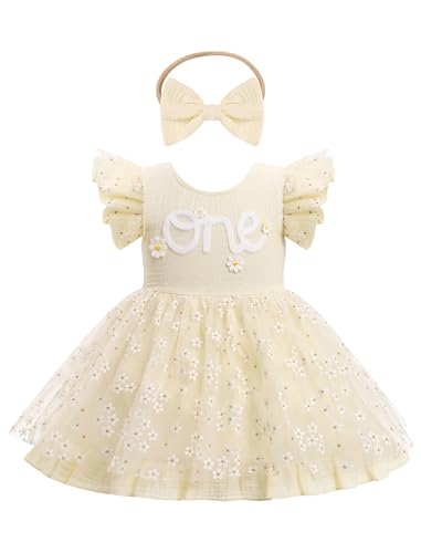 FYMNSI Baby M�dchen Erster 1. Geburtstag Outfit Kleinkind Prinzessin 1 Jahr Partykleid Blumen T�t� T�ll Bodykleid mit Stirnband Fotoshooting Taufkleid Festkleid Sommerkleid Beige 12-18 Monate von FYMNSI