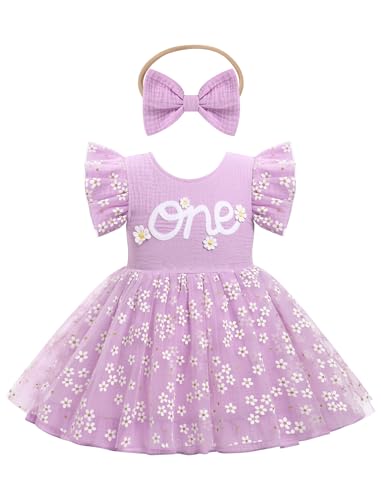 FYMNSI Baby M�dchen Erster 1. Geburtstag Outfit Kleinkind Prinzessin 1 Jahr Partykleid Blumen T�t� T�ll Bodykleid mit Stirnband Fotoshooting Taufkleid Festkleid Sommerkleid Lila 9-12 Monate von FYMNSI