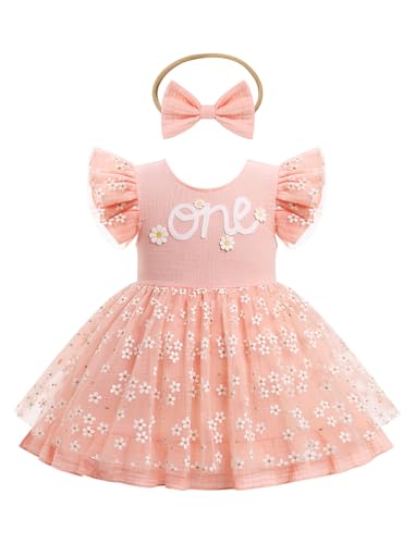 FYMNSI Baby M�dchen Erster 1. Geburtstag Outfit Kleinkind Prinzessin 1 Jahr Partykleid Blumen T�t� T�ll Bodykleid mit Stirnband Fotoshooting Taufkleid Festkleid Sommerkleid Rosa 12-18 Monate von FYMNSI