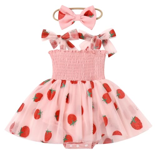 FYMNSI Baby M�dchen Erster 1. Geburtstag Outfit Prinzessin Tr�gerkleid Kleinkind Partykleid Tutu T�ll Bodykleid Strampler mit Stirnband Taufkleid Hochzeit Fotoshooting Sommer Rosa Erdbeere 18-24M von FYMNSI