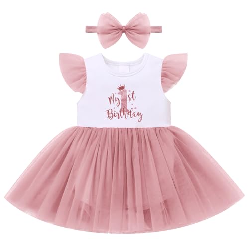 FYMNSI Baby M�dchen Erster Geburtstag Outfit 1 Jahr Geburtstagskleid Bodykleid T�t�rock T�ll Prinzessin Partykleid Sommer Festkleid Taufkleid mit Stirnband Fotoshooting Kleidung Dunkelrosa 9-12M von FYMNSI
