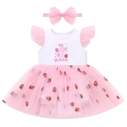 FYMNSI Baby M�dchen Erster Geburtstag Outfit 1 Jahr Geburtstagskleid Erdbeere T�t�rock T�ll Prinzessin Partykleid Sommer Festkleid Taufkleid mit Stirnband Fotoshooting Kleidung Rosa Erdbeere 12-18M von FYMNSI