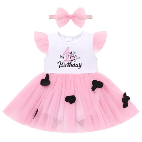 FYMNSI Baby M�dchen Erster Geburtstag Outfit 1 Jahr Geburtstagskleid Milchkuh T�t�rock T�ll Prinzessin Partykleid Sommer Festkleid Taufkleid mit Stirnband Fotoshooting Kleidung Rosa Milchkuh 9-12M von FYMNSI